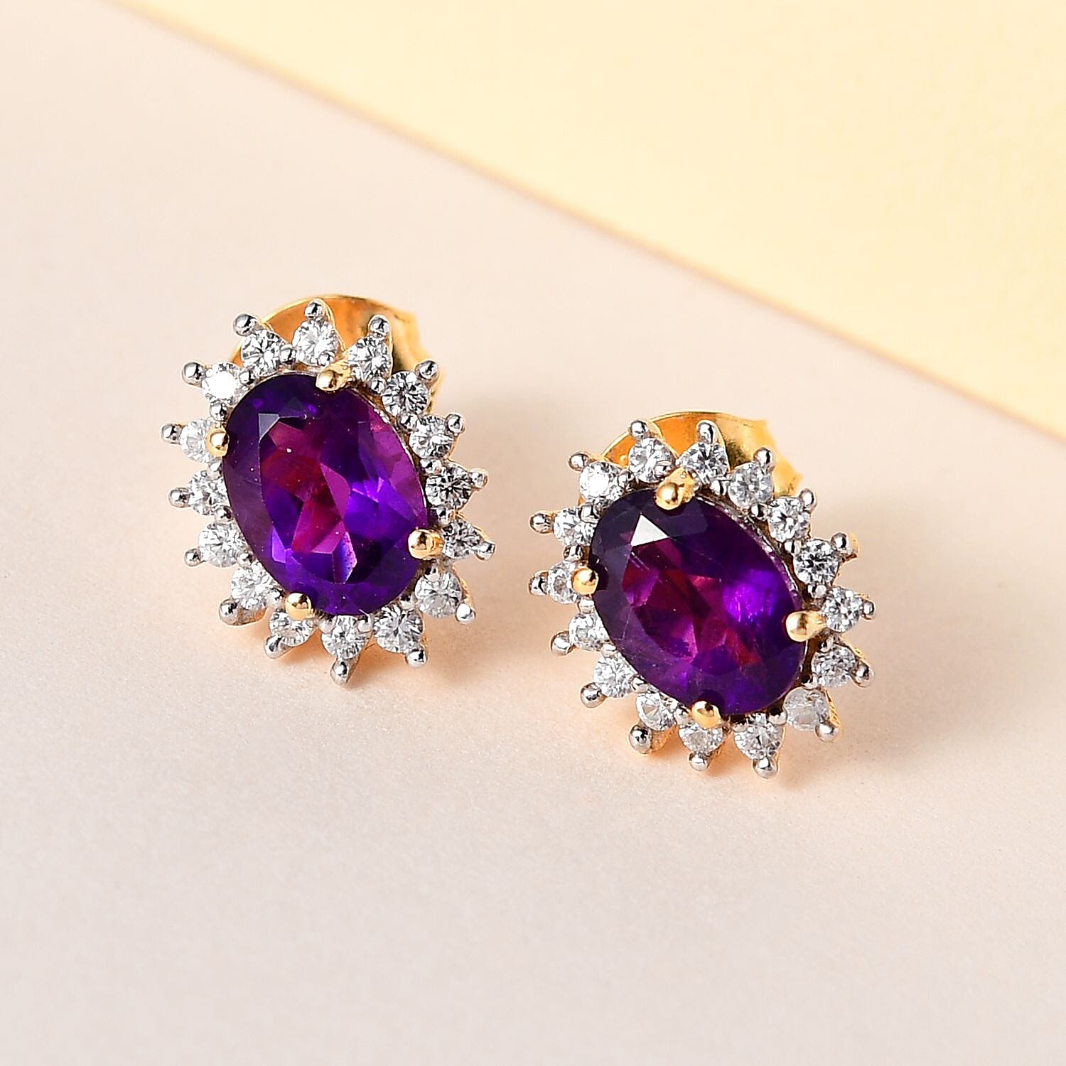 Amethyst & Natural Zircon Halo Stud Earrings in 18K Yellow Gold Vermeil Plated Sterling Silver 1.82 Ct.